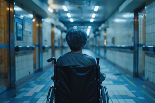 Elderly person in wheelchair navigating a long, empty corridor under fluorescent lights.