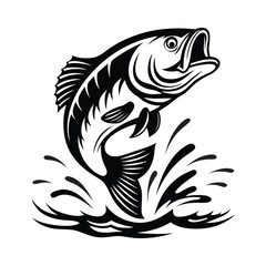 Jumping Black Bass Silhouette with Water Splash, Open Mouth, Fish Isolated on White