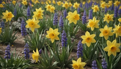 Obraz premium Bright daffodils & hyacinths, textured backdrop Spring freshness , purple, vibrant