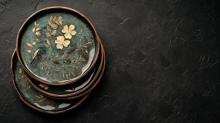 Ceramic plates with gold botanical pattern on