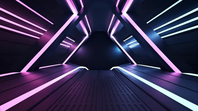Futuristic tunnel, abstract digital corridor with glowing neon pink and blue lines in movement retrowave style.