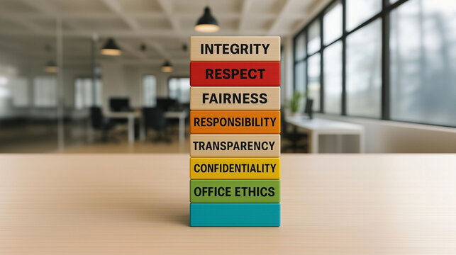 Office ethics concept on wooden blocks representing workplace integrity professionalism accountability fairness respect and organizational culture