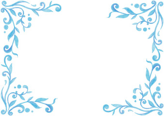 Frame. From the left and right sides there are patterns consisting of curls, leaves, circles. Different shades of light blue. Drawing with colored pencils. White copy space. Invitation, postcard.
