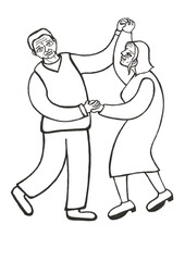 Grandfather and grandmother dancing. An old man in vest, shirt, pants, holding woman's hands in the dance. An old woman with short hair, in dress and shoes. Line art. Black outline. White background.