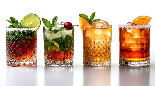 Refreshing cocktail selection in various shaped glassware