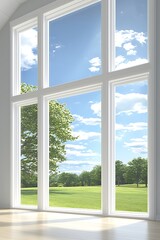Spacious room with large windows, serene view
