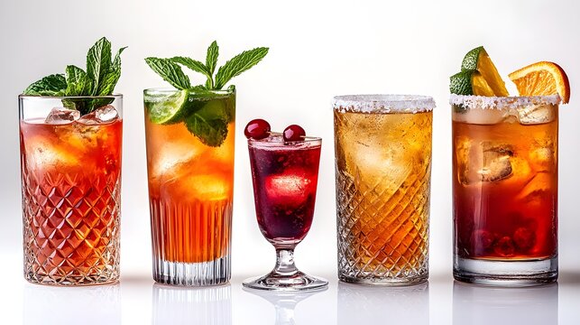 Refreshing cocktail selection in various shaped glassware