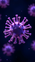 Violet filamentous virus covered in fine blue-tipped hairs, ultra-HD microscopic view with motion suggestion.