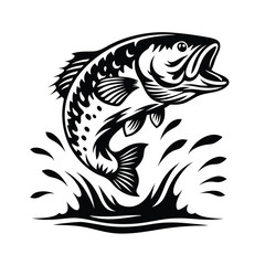 Stylized Black & White Largemouth Bass Jumping out of Water Silhouette