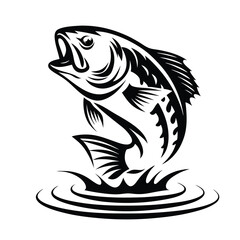 Black Silhouette Leaping Bass Fish Above Water Ripple, Minimalist Line Art Style Design