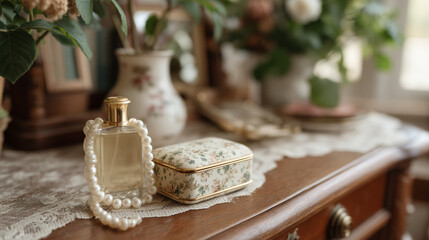 Vintage Perfume and Pearls: A delicate pearl necklace rests beside a vintage perfume bottle on an antique wooden dresser, surrounded by delicate floral arrangements and ornate containers.