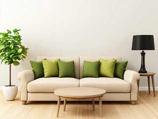 Modern Beige Sofa with Green Cushions in a Minimalist Living Room Interior Design