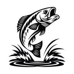 Leaping Bass Fish Silhouette, Black and White Angling Logo, Freshwater Design Element