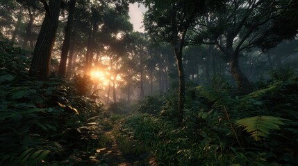 Obraz premium Sunlight filtering through dense rainforest trees at dawn