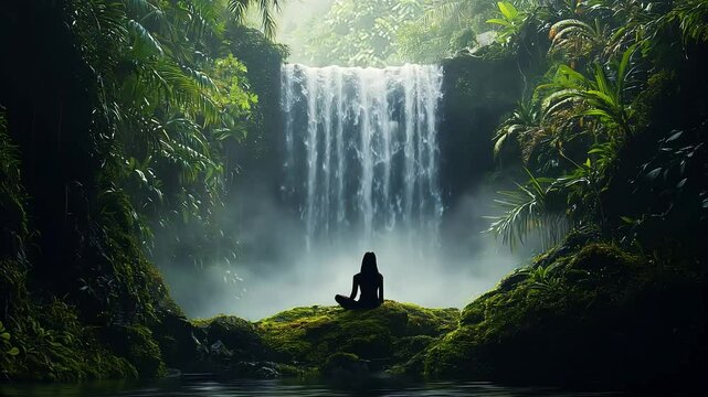 Calm, loopable scene of a solitary woman sitting cross-legged on a mossy ledge before a majestic waterfall.
