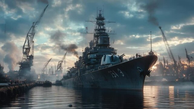 Battleship in Dock: A majestic battleship rests within a bustling dockyard, its imposing structure reflecting in the calm water, under a sky of dramatic clouds.