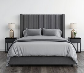 Elegant Grey Velvet Upholstered Bedroom King Size Bed with Modern Nightstands