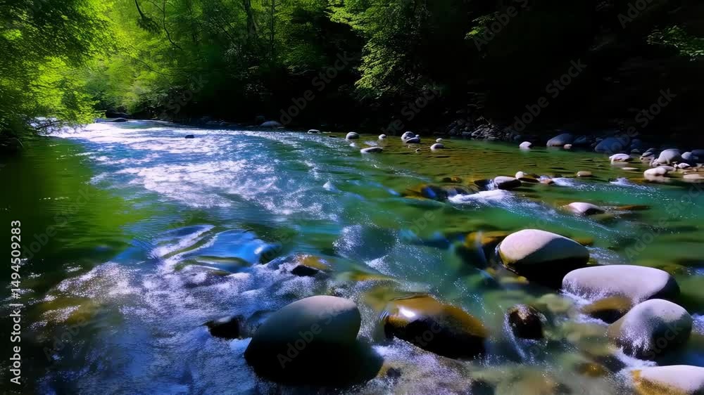 Poster sunlight reflects on flowing river waters with rocks in foreground and green trees in the background