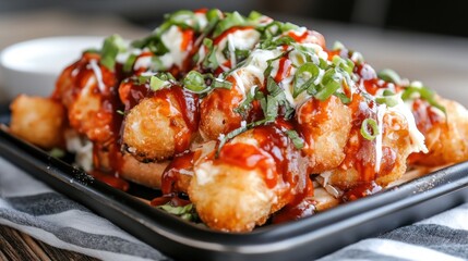 Fototapeta premium Crispy tater tots with melted cheese and fresh green onions