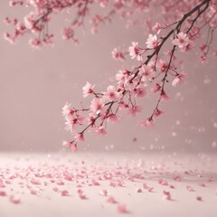 Delicate pink sakura petals drift on a soft pastel backdrop ,  light,  cherry,  romantic