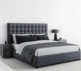 Modern Bedroom Interior Design Stylish Gray Upholstered Bed with Black and White Throw Blanket