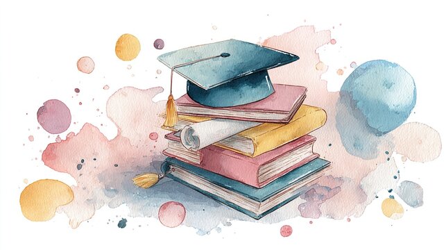 whimsical graduation celebration watercolor illustration of floating mortarboard hat and stack of books, soft pastel hues. splashes of paint and playful brushstrokes create a joyful atmosphere.