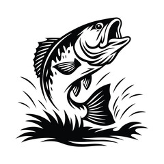 Black and White Largemouth Bass Leaping Out Of Water with Open Mouth Silhouette