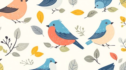 Naklejka premium Colorful songbirds branches leaves berries decorative seamless pattern cute whimsical hand drawn style picture