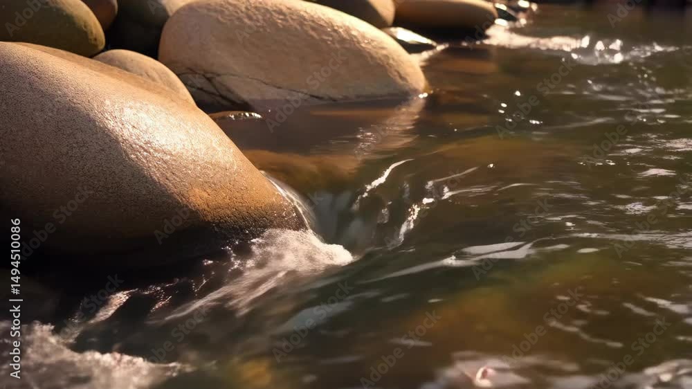 Poster clear shallow river flowing swiftly around smooth, rounded rocks with light glinting on the surface,