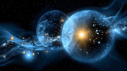 Obraz premium Blue and yellow sphere against a black background representing cosmic energy universe