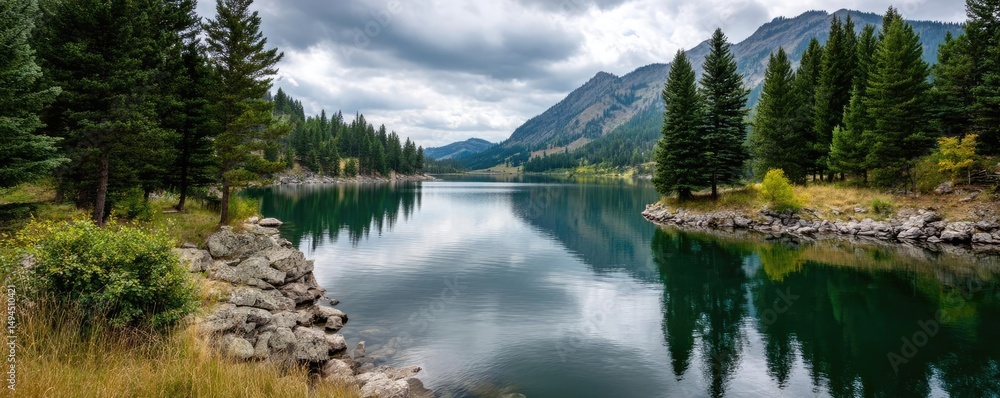 Poster scenic view of lake in pine forest with tree and rock concept. scenic view of a tranquil lake surrou