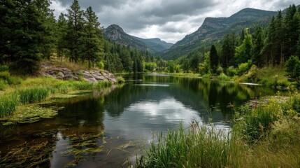 Scenic view of lake in pine forest near beautiful mountain concept. Serene lake surrounded by lush mountains and dense forests.