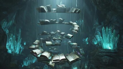 Magical books floating in a mystical cave with glowing crystals - Powered by Adobe