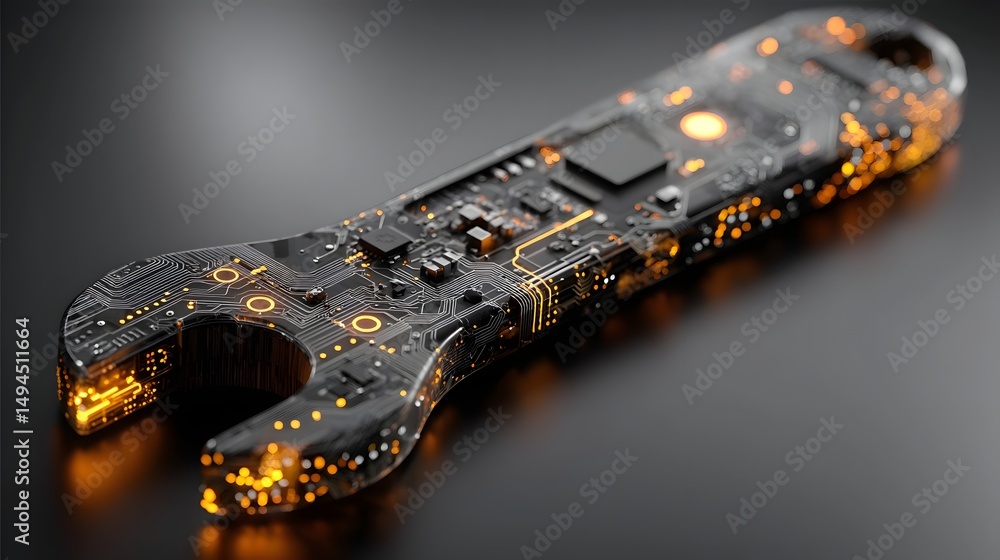 Poster futuristic digital wrench with glowing circuit patterns on a minimalist tech surface