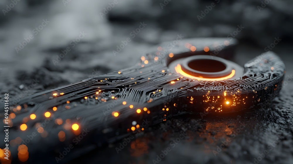 Poster futuristic digital wrench with glowing circuit patterns on sleek tech surface