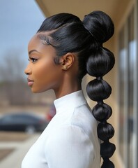 Elegant Black Hairstyle with Ponytail and Profile Portrait