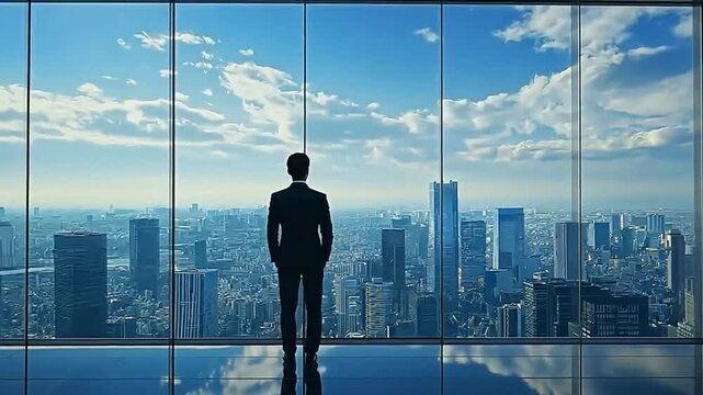 Businessman looking out at cityscape from modern high-rise