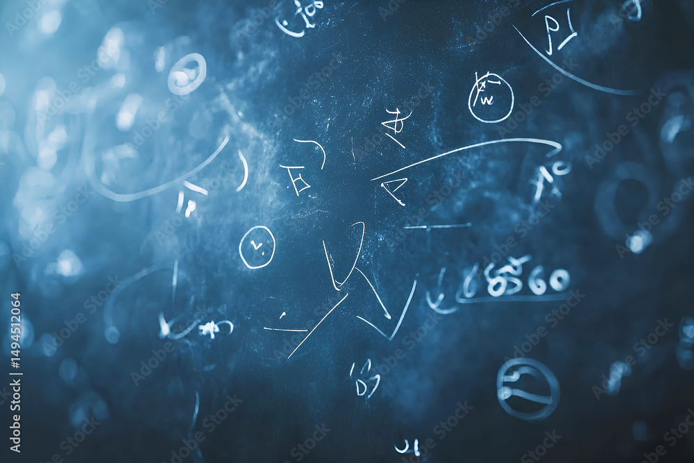 Poster close up view of complex mathematical equations and formulas scrawled in white chalk on a dark chalk
