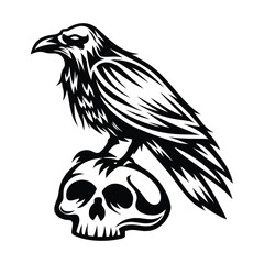 Raven Perched on Skull Black and White Silhouette, Gothic Design