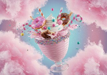 Sweet Treat in Flight: A Colorful, Whimsical Smoothie with Donuts and Candies