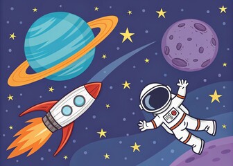 Colorful Whimsical Digital Art of a Cartoon Space Scene Featuring Saturn, Moon, Rocket Ship, Astronaut, and Stars for Fantasy and Outer Space Illustrations