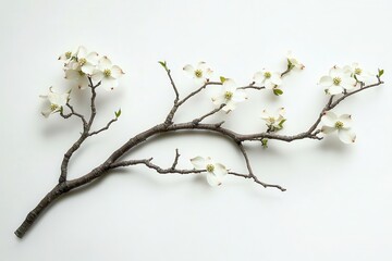 Fototapeta premium Dogwood branch with white flowers, small green leaves isolated on white. Perfect for spring, nature, or elegant floral design projects.