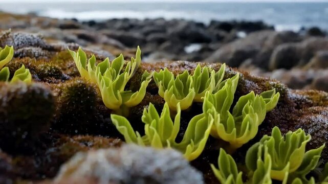 Close-up of halophyte plants growing in salty coastal areas, with the leaves glistening under ocean spray.
