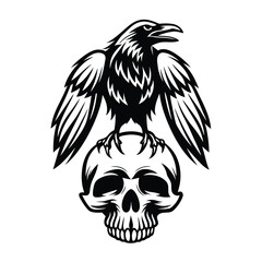 Silhouette Raven Perched on Skull, Spooky Black Bird Outline Illustration, Halloween