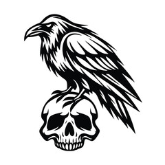 Stylized Raven Perched on Skull Black and White Contrast, Silhouette Design Element