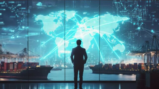 Global Logistics: A silhouette of an executive gazes out at a bustling port, with a luminous world map overlay symbolizing the interconnectedness of global logistics and supply chain.