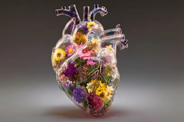 Transparent heart filled with blooming flowers a symbol of medical healing and compassion