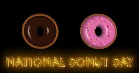 National Donut Day in gold with Donuts on the background in 4K. Donut Day BG with copy space. Donut Day BG for greeting cards, social media posts, and advertisements.Donut Colorful Background