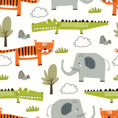 Childish seamless pattern with cute tiger, crocodile and elephant. Vector illustration for textile, baby print, t-shirt, clothing, fashion, apparel, wrapping  and others 