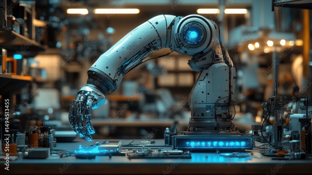 Poster futuristic robotic arm assembling circuits in a high-tech factory